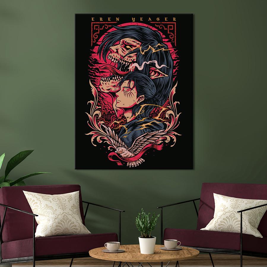 Настенний декор Эрен Йегер на жутком постере аниме Атака титанов 80x60 см (YA-8)