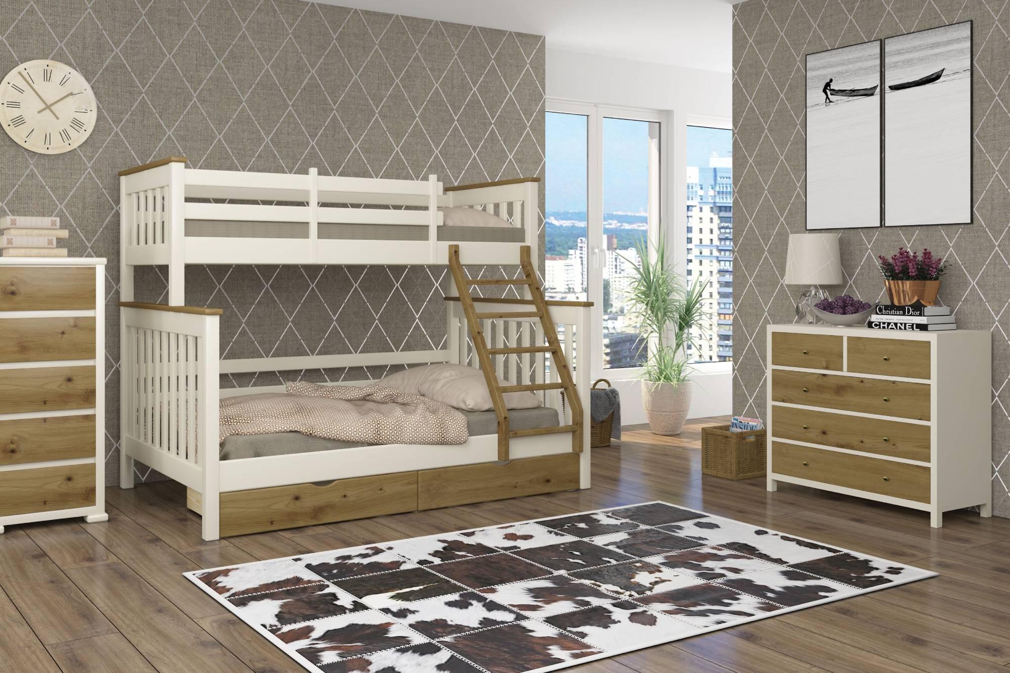 Кровать двухъярусная деревянная Mebigrand Скандинавия с ящиками 120-80x200 см RAL9003 Белый/Орех светлый (MBG-2242)