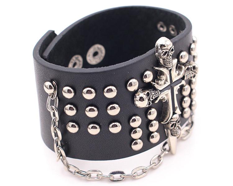 Браслет кожаный  КООRА браслет-цепочка с заклепками в виде головы призрака 00036