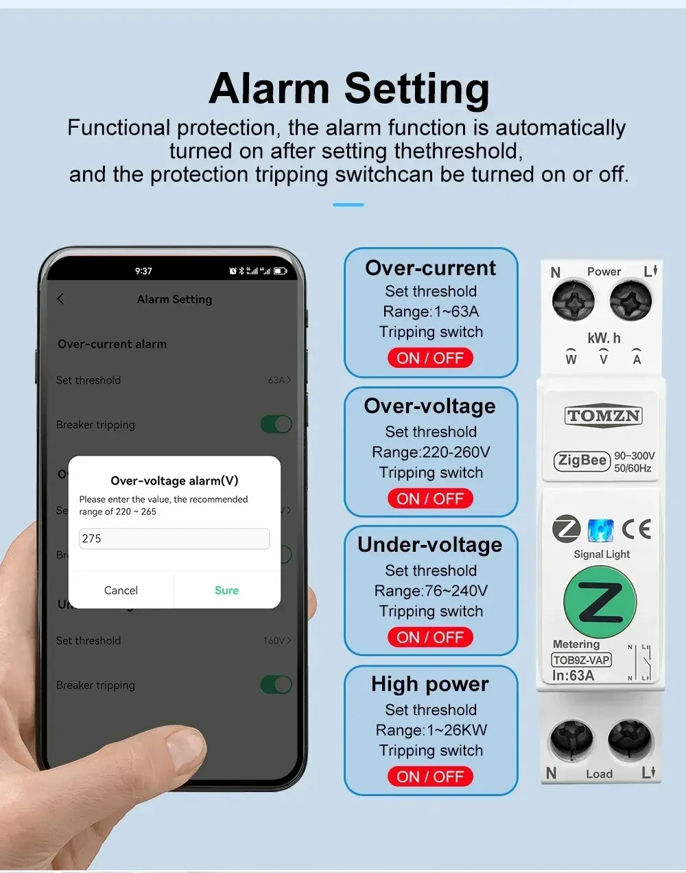 Умный автоматический выключатель с поддержкой Zigbee TOMZN TOB9Z-VAP с регулировкой тока от 1А до 63А TUYA Smartlife (2651980023) - фото 3 Умный автоматический выключатель с поддержкой Zigbee TOMZN TOB9Z-VAP с регулировкой тока от 1А до 63А TUYA Smartlife (2651980023) - фото 3