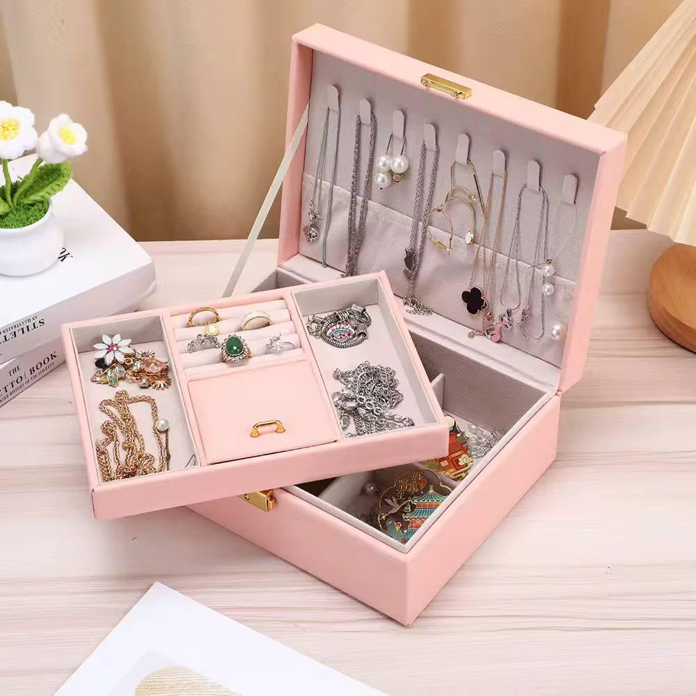 Органайзер для прикрас зі шкірозамінника на замку двоярусний 23х17,5х8,5 см Рожевий (ST0401)