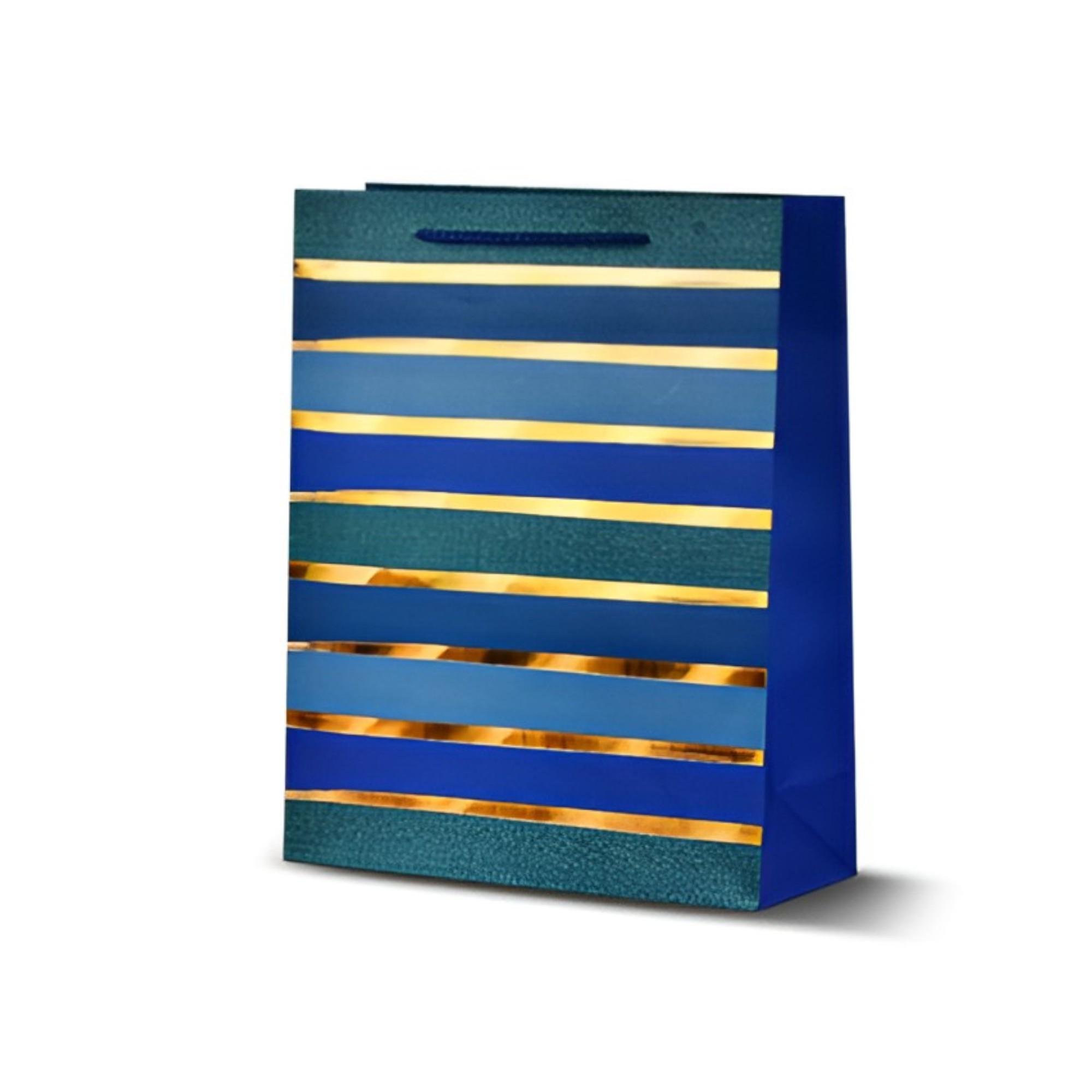 Подарочный пакет Stenson Stripes в сине-зеленую полоску бумажный с ручками 26х32х10 см Синий (R33066-M)