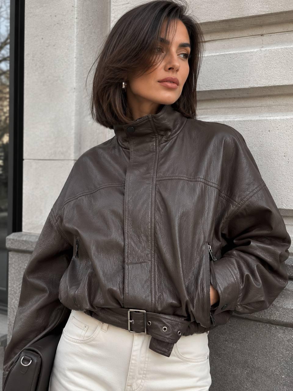 Куртка женская LADY YEP 30505 из экокожи бомбер со скрытым ремнем M Коричневый (7938)