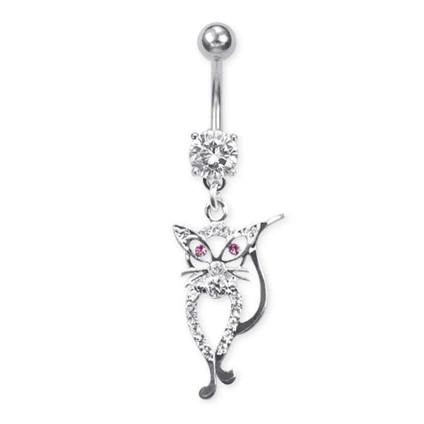 Серьга для пирсинга Банан в пупок кошка в стразах с розовыми глазами на камне с 4 зажимами (TBSCH15)