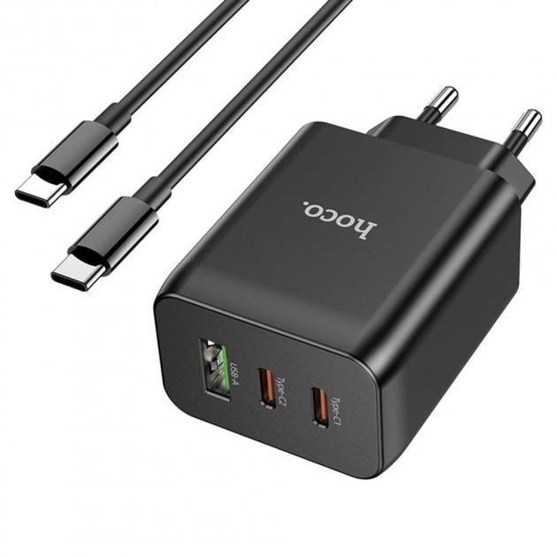 Сетевое зарядное устройство Hoco N18 1USB/2USB-C с кабелем Type-C+Type-C Черный