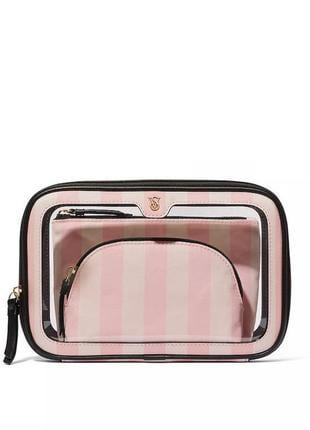 Набір косметичок 3в1 Victoria's Secret 3-Piece Makeup Bag Рожевий у смужку (22994483) - фото 1