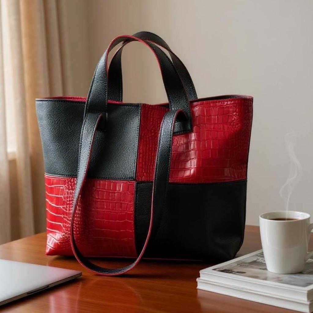 Сумка-шоппер красивая женская принт крокодил на плечо большая кожаная из экокожи Черный с красным