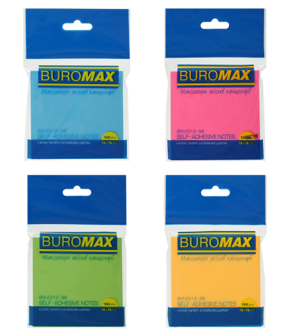 Папір для записів Buromax JOBMAX NEON з клейким шаром 76х76 мм 100 аркушів 4 шт. (BM.2316-98)