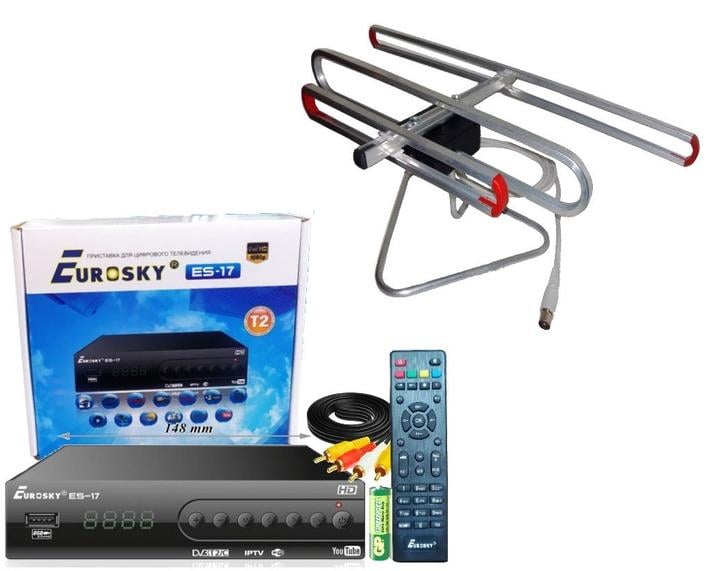 Тюнер Eurosky ES-17 с функцией записи и просмотра интернет-каналов IPTV/YouTube/антенна улучшенная с TV-кабелем