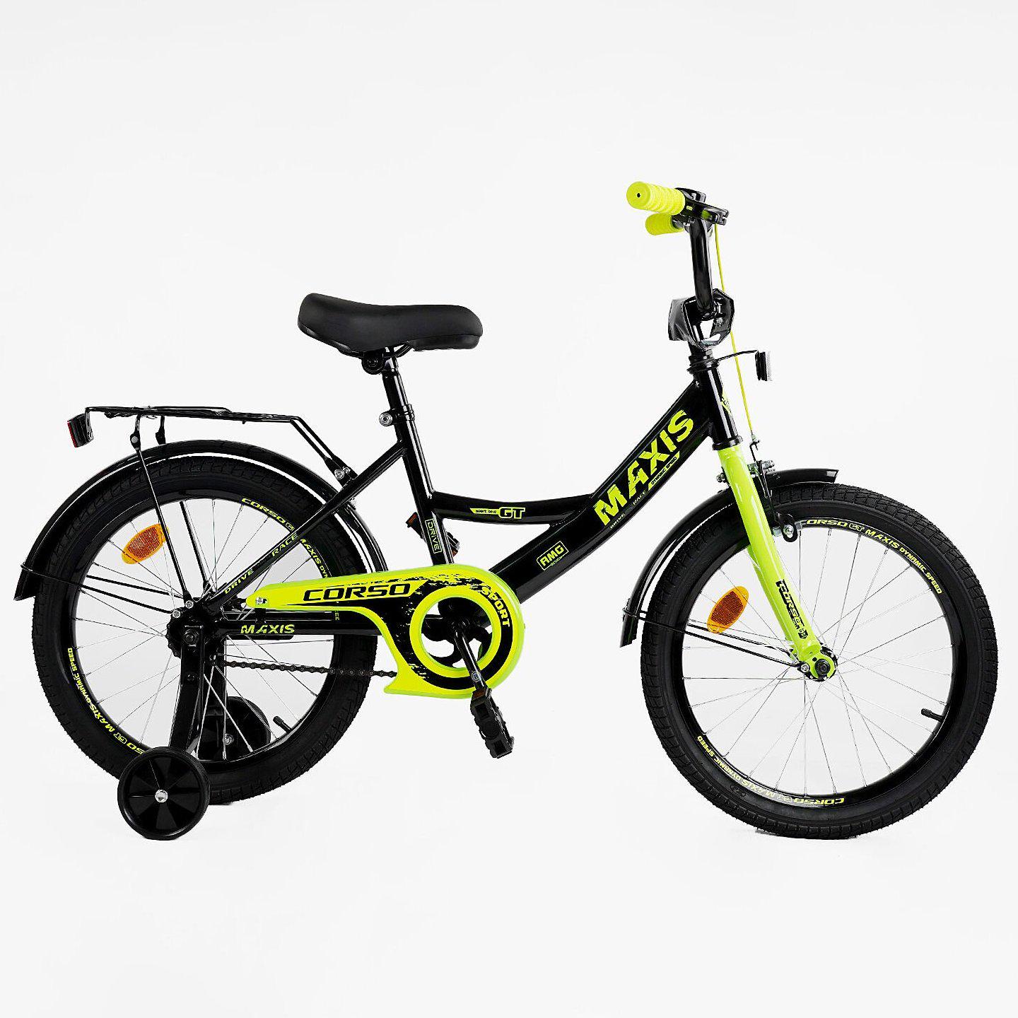 Велосипед двухколесный Corso MAXIS 18" детский с багажником Черно-салатовый - фото 2 Велосипед двухколесный Corso MAXIS 18" детский с багажником Черно-салатовый - фото 2
