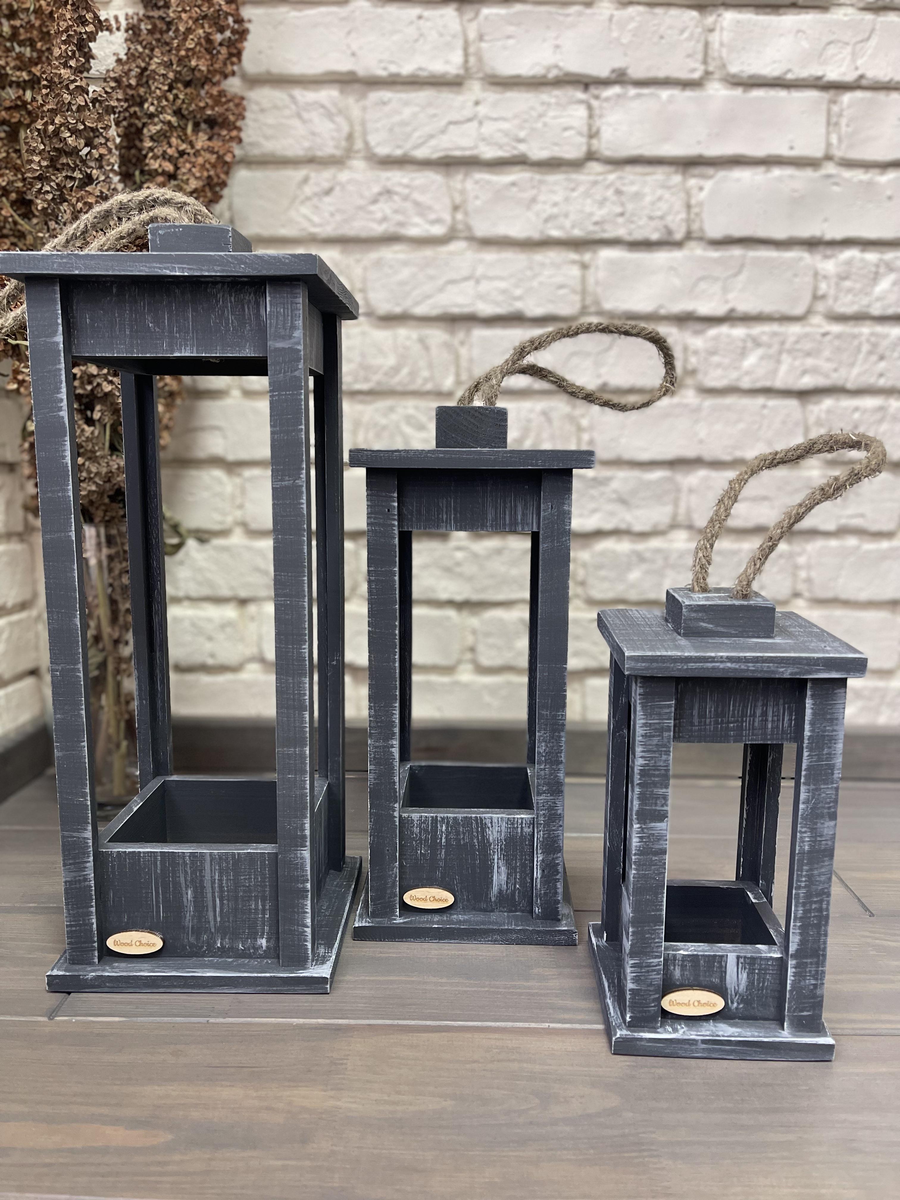 Набор подсвечников деревянные Фонари 25/35/45 см Серо-белый - фото 1