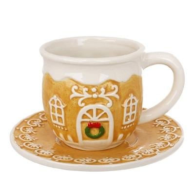 Керамическая чашка с блюдцем Пряничный домик 400 мл (33864)