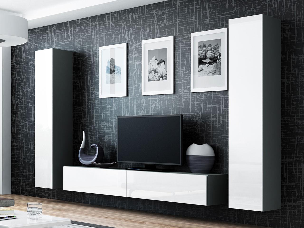 Стенка в гостиную комплект Сama Vigo 4 из ламинированной ДСП без подсветки Серый матовый/Белый глянец (21472) - фото 3 Стенка в гостиную комплект Сama Vigo 4 из ламинированной ДСП без подсветки Серый матовый/Белый глянец (21472) - фото 3