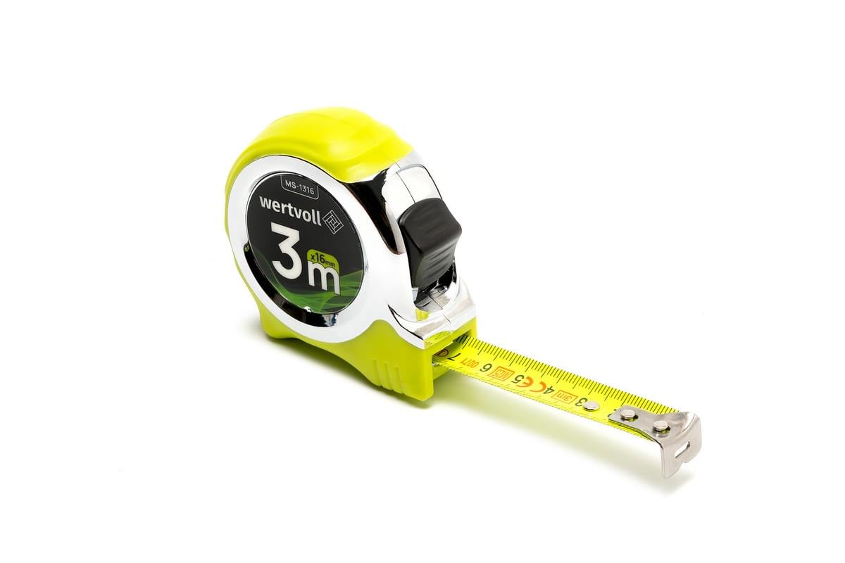 Рулетка WERTVOLL фиксатор полотна кнопка STOP покрытие TPR нейлоновое покрытие противоскользящий крючок 3 м х16 мм (MS-1316)