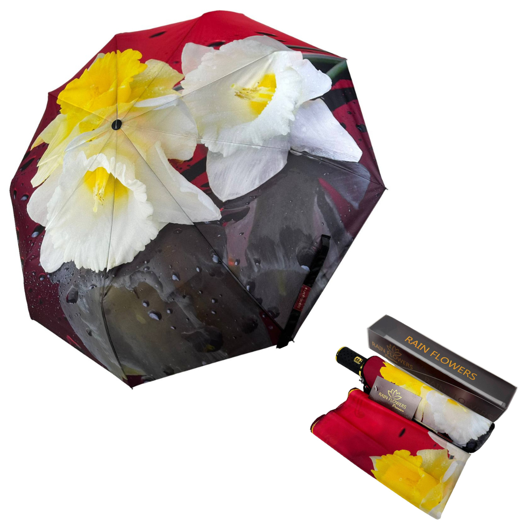 Зонт женский автомат Rain Flower в подарочной упаковке с платком Красный с нарциссами (01020-2) - фото 2