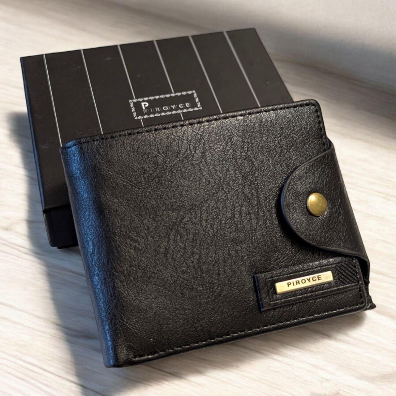 Кошелек мужской кожаный горизонтальный для документов портмоне на кнопке Piroyce 12х9 см Черный (208)