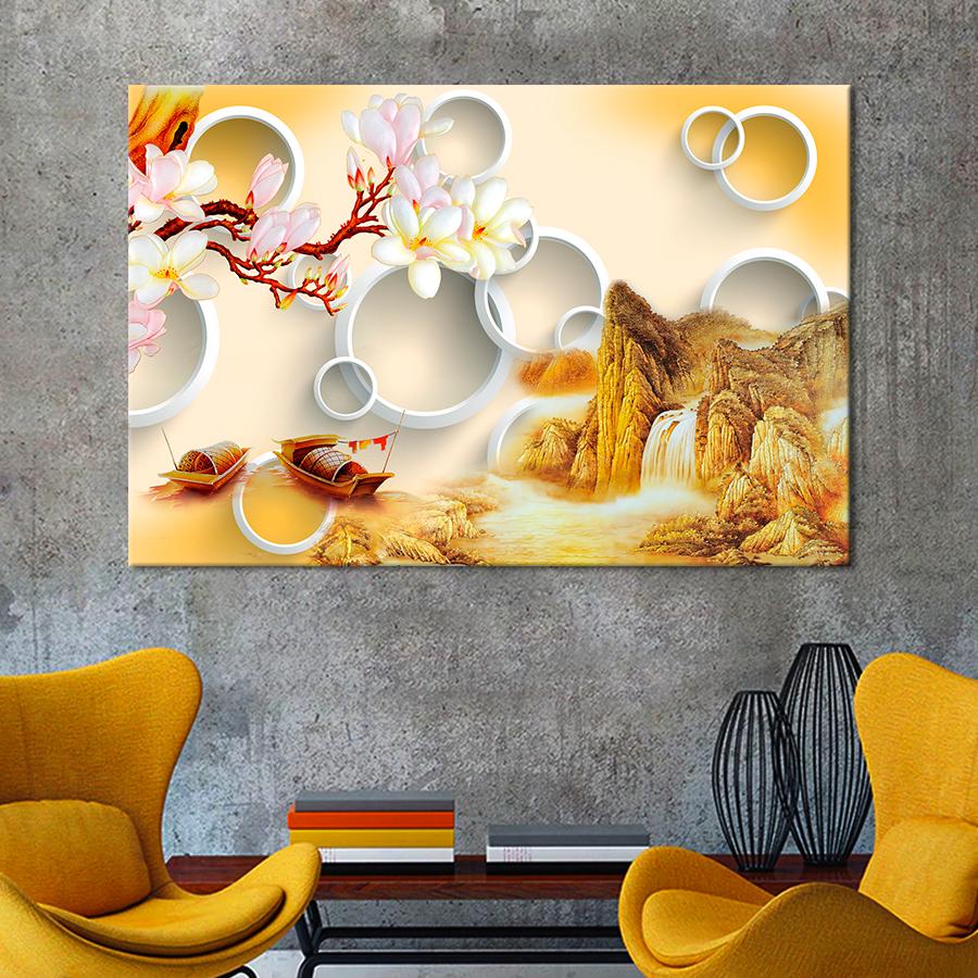 Картина на холсте Водопад и пара лодок и цветущая ветка 80x54 см (V349-1_L)