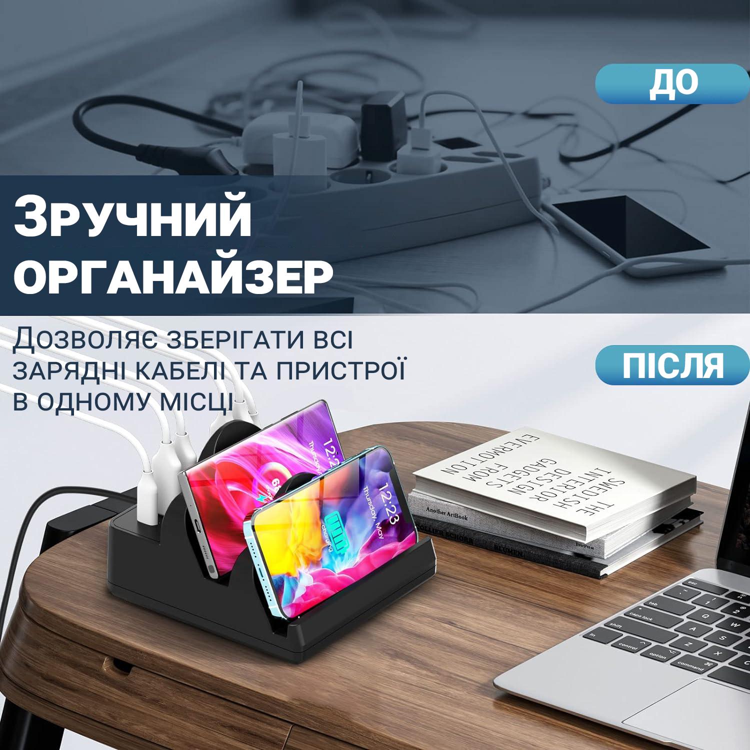 Док-станція зарядна Addap MCS-F6A мультизарядна 6 портів з бездротовими панелями 110W Black - фото 12