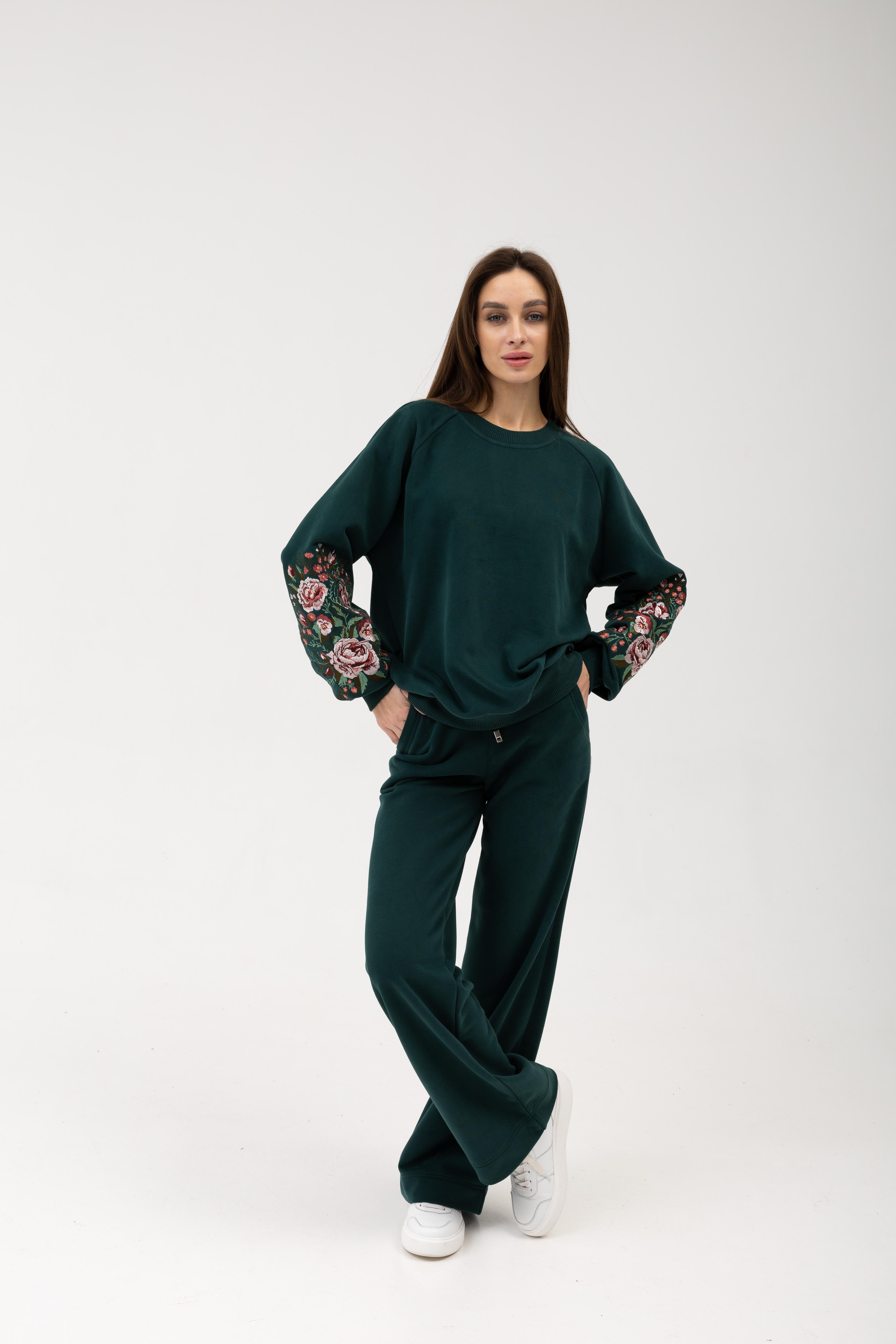 Прогулянковий костюм жіночий Lookeriya з вишивкою Троянди тринитка світшот та штани-палаццо S Малахіт (31495336)