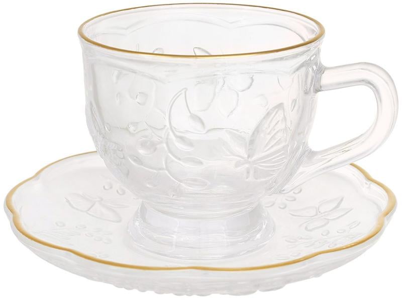 Набор стеклянных Butterfly 6 чашек и 6 блюдец с золотой каймой 150 мл Набор стеклянных Butterfly 6 чашек и 6 блюдец с золотой каймой 150 мл