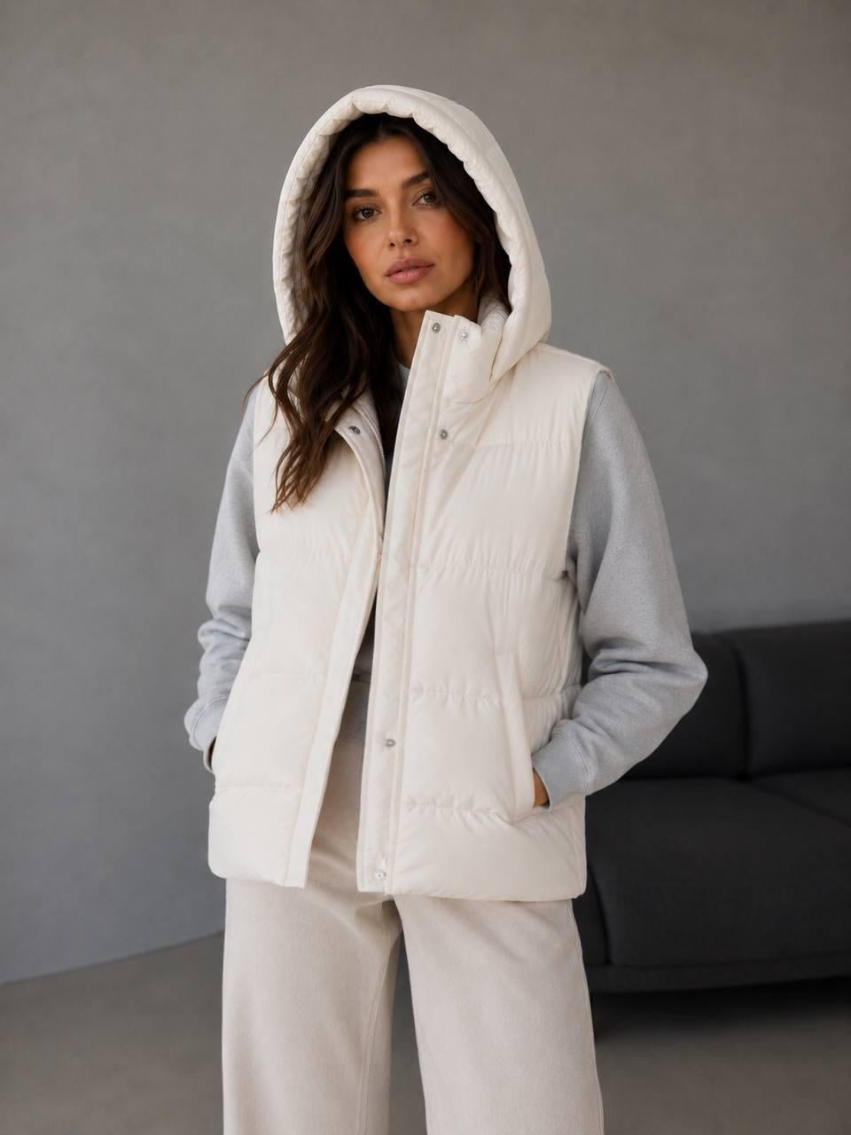 Жилетка женская Lady Yep 7015-2 с капюшоном средняя длина р. 44 Молочный (7556)