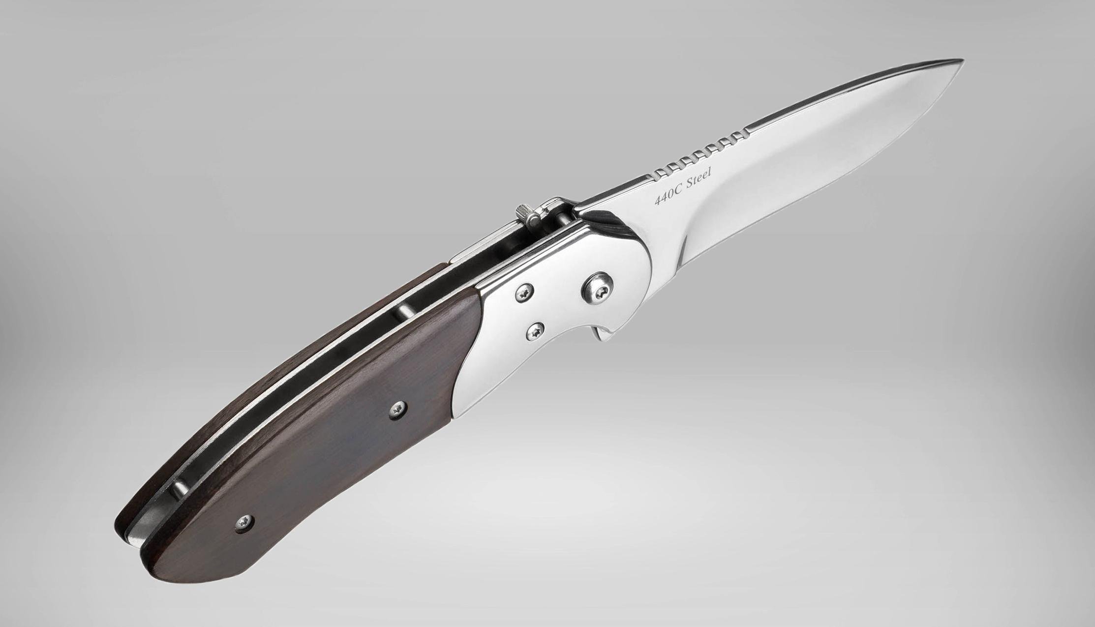 Ніж викидний на кнопці GW GW9058 сталь 440С автоматичний з руків'ям з натурального дерева (9058)