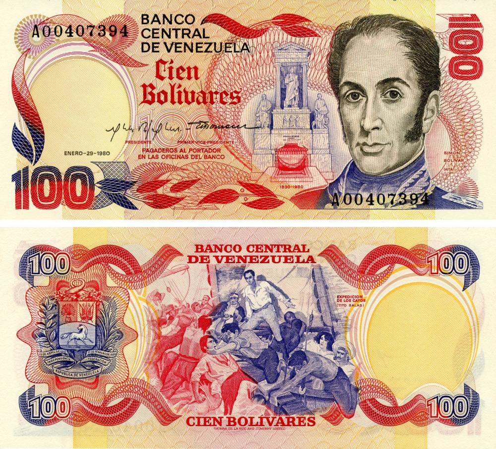 Коллекционная банкнота Венесуэла 100 боливар 1980 года UNC P59a (Б19715)