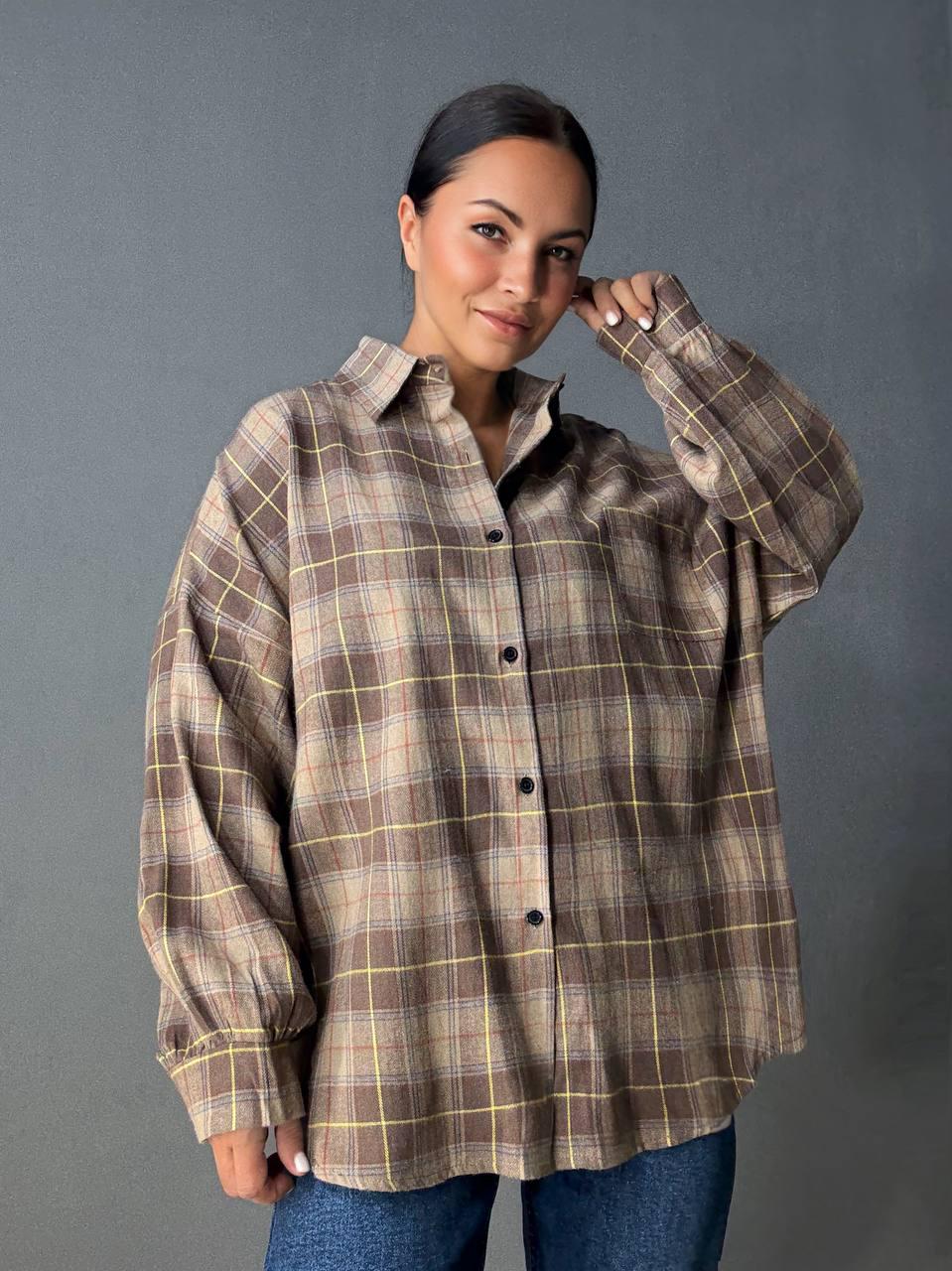 Рубашка женская A-N 8313 в клетку оверсайз широкая хлопковая OS Коричневый (5131) - фото 6