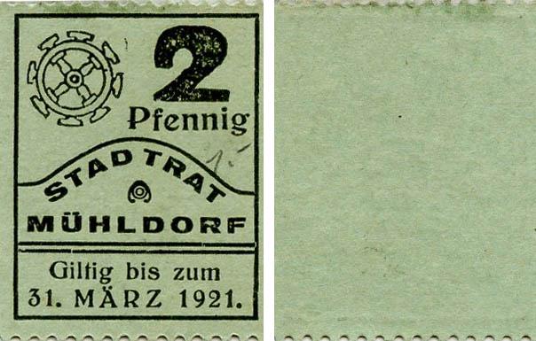 Коллекционная банкнота Германия Нотгельд 2 пфеннига 1921 F-VF Мюльдорф (Б18407)