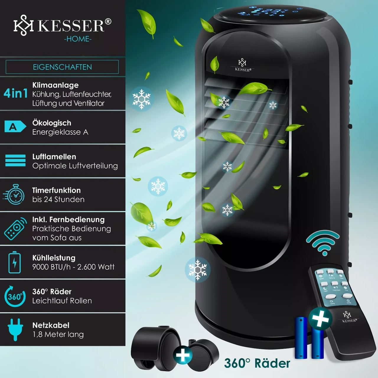 Кондиционер мобильный KESSER 4в1 2,7 кВт 35x78,5x37см Черный - фото 2 Кондиционер мобильный KESSER 4в1 2,7 кВт 35x78,5x37см Черный - фото 2