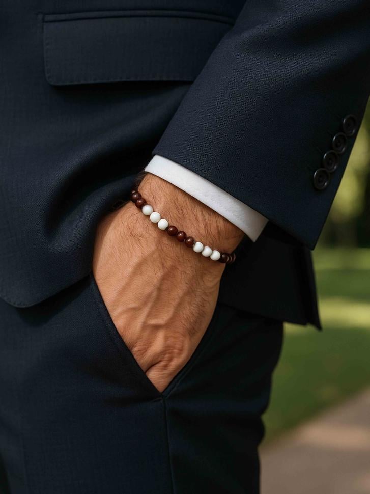 Браслет мужской из натуральных камней бычий глаз и кахолонг (4559)