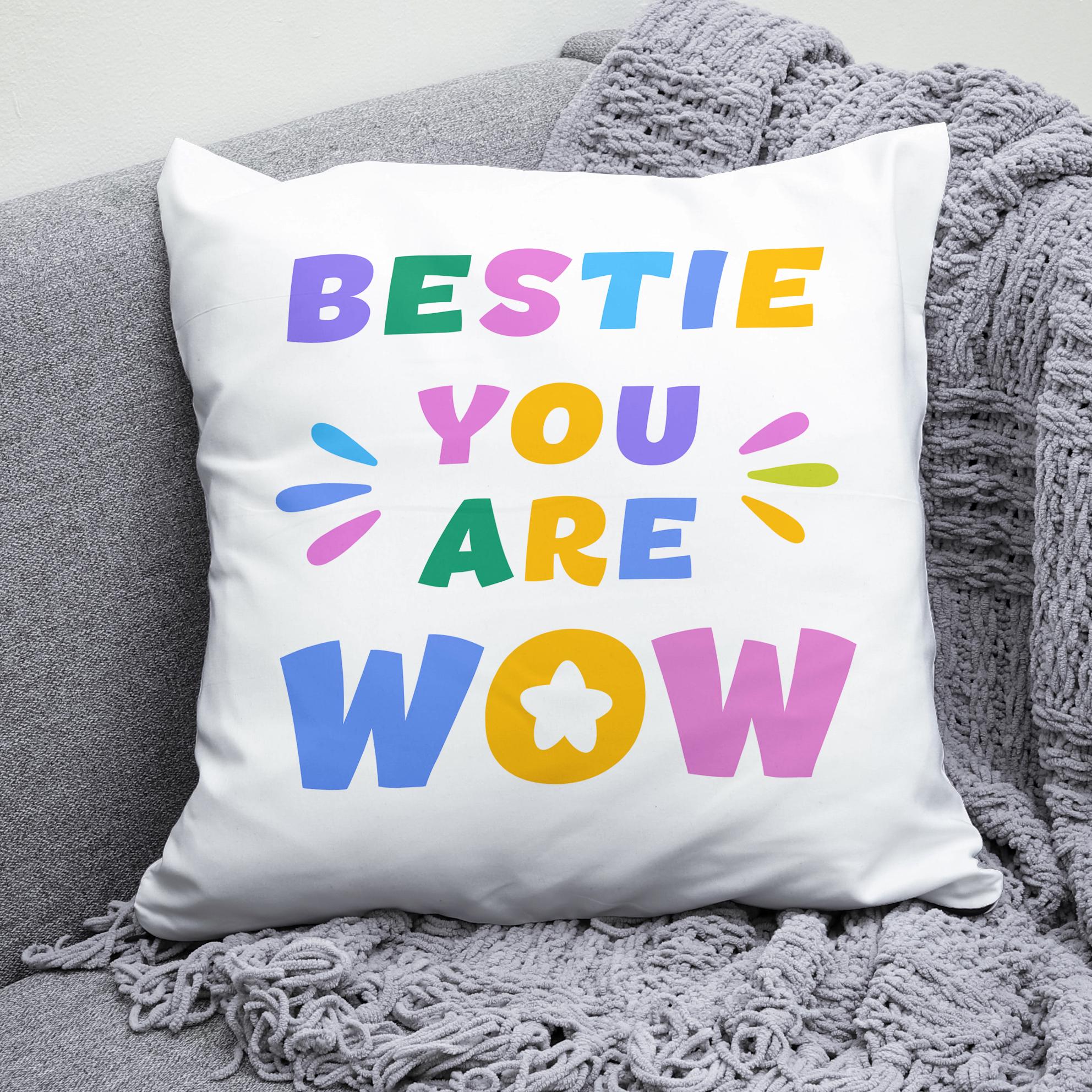 Плюшевая подушка квадрат с принтом "Bestie you are wow"
