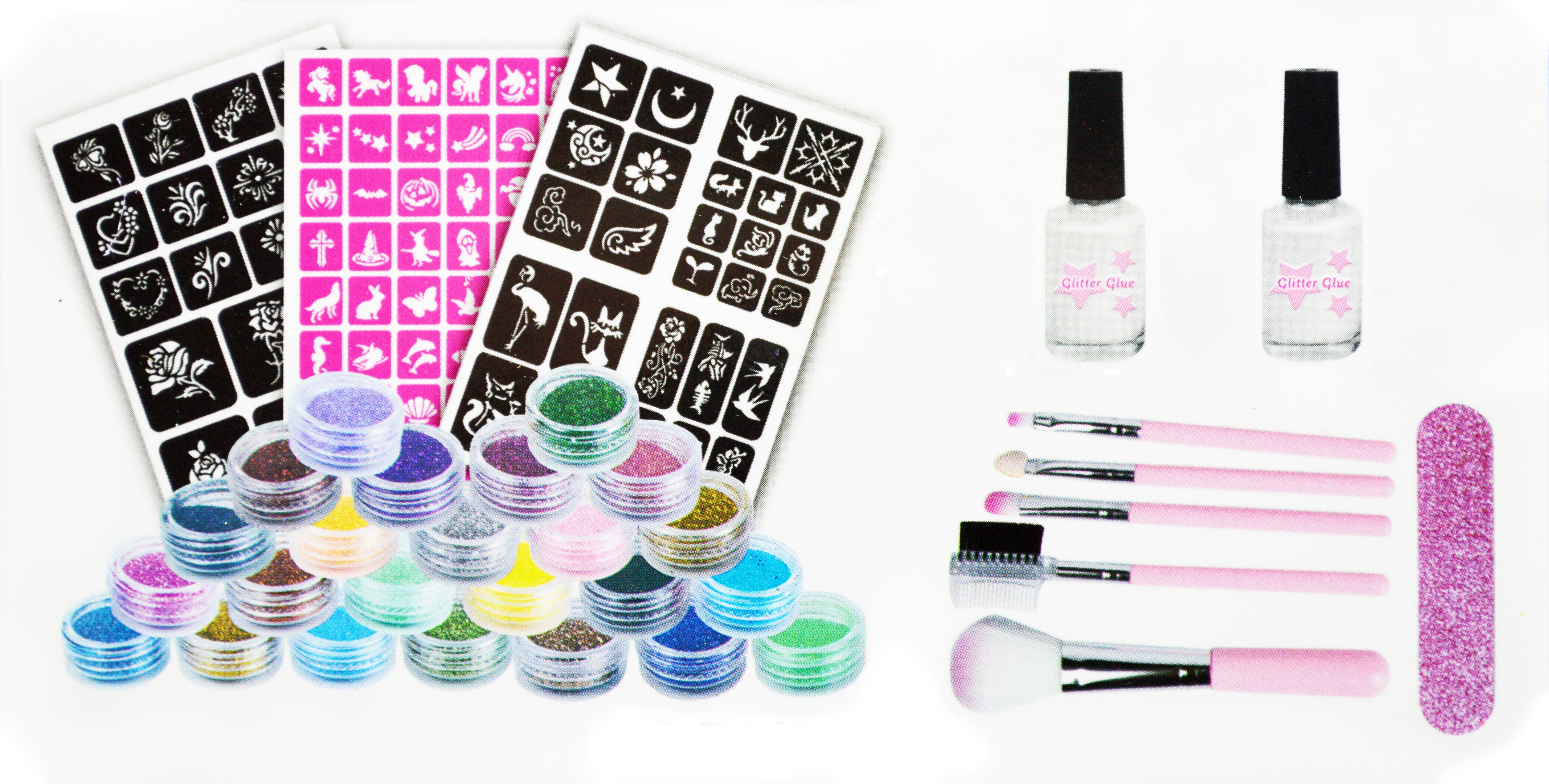 Дитячий набір для тату 784-10 24 кольори гліттера 2 пляшечки клею трафарети прикраси трафарети - фото 2 Дитячий набір для тату 784-10 24 кольори гліттера 2 пляшечки клею трафарети прикраси трафарети - фото 2