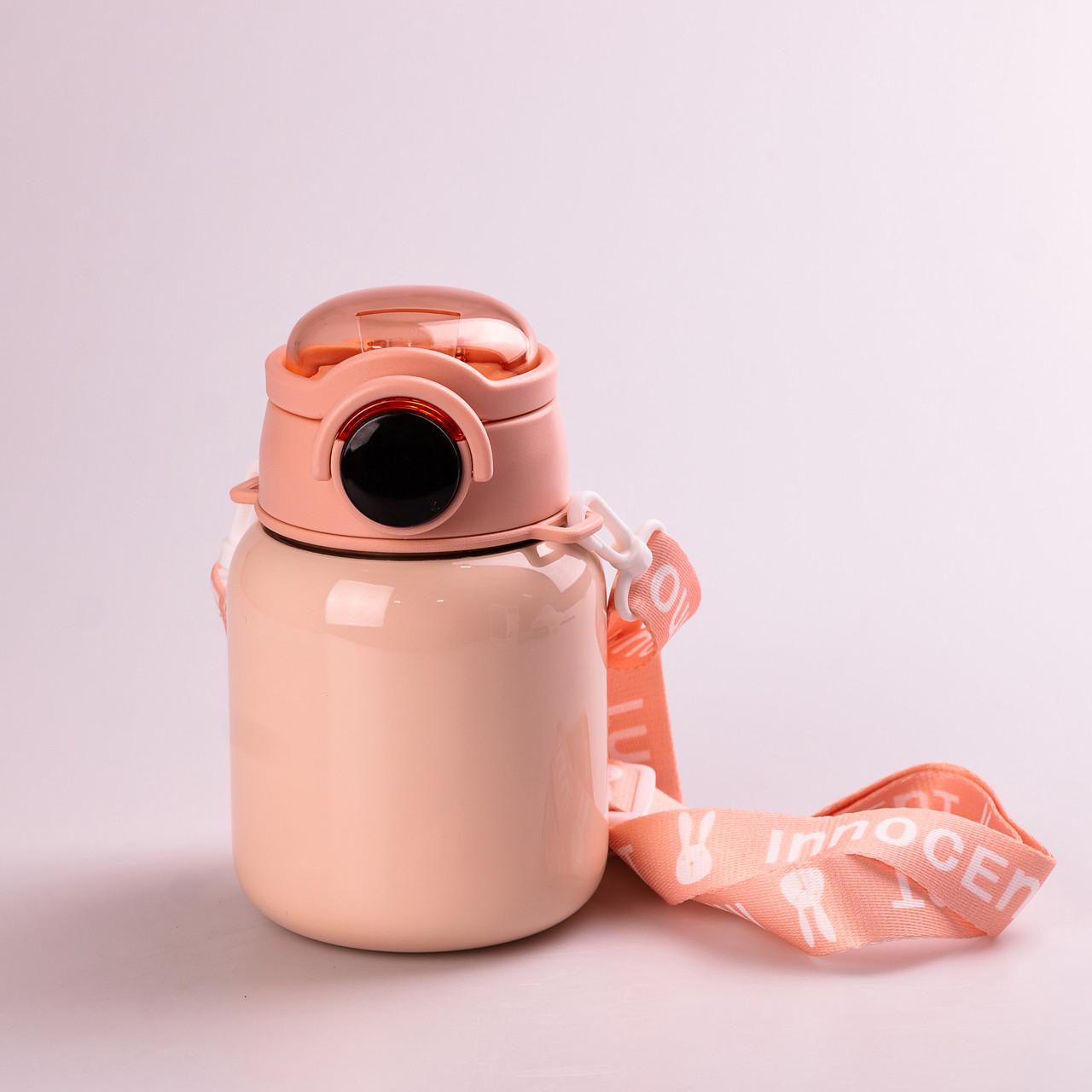 Термос с индикацией температуры с ремешком и трубочкой 650 мл Персиковый