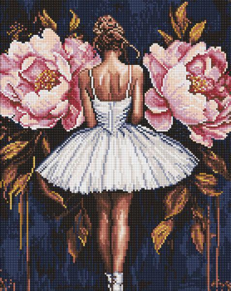Алмазна мозаїка Ideyka Балерина з рожевими півонії 40x50 см (Id-AMO8346)