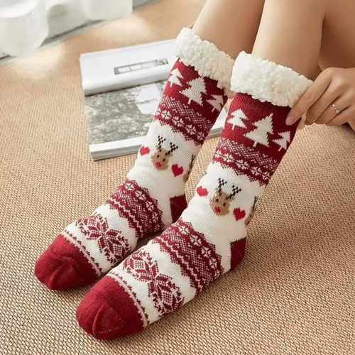 Носки новогодние с антискользящей подошвой на меху One size Красный (30140550)