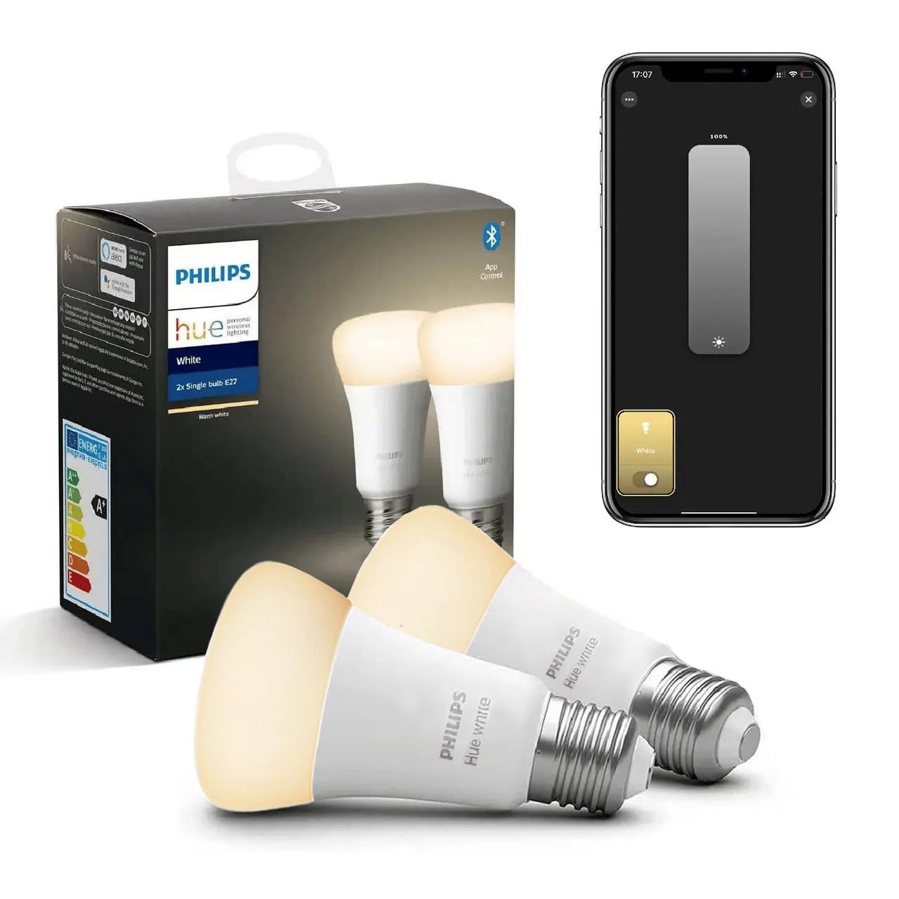 Умные LED лампочки Philips Hue E27 White 800лм 60Вт 9W, ZigBee, Bluetooth, Apple HomeKit, 2 шт. Умные LED лампочки Philips Hue E27 White 800лм 60Вт 9W, ZigBee, Bluetooth, Apple HomeKit, 2 шт.