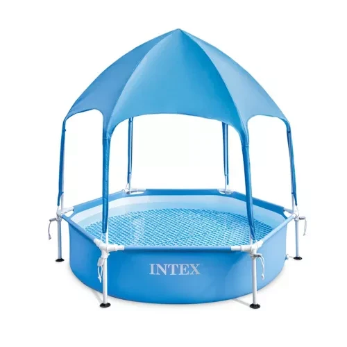 Бассейн каркасный круглый Intex Splash-in-Shade Play с тентом-зонтиком и душем 183х38 см 700 л Сине-серый