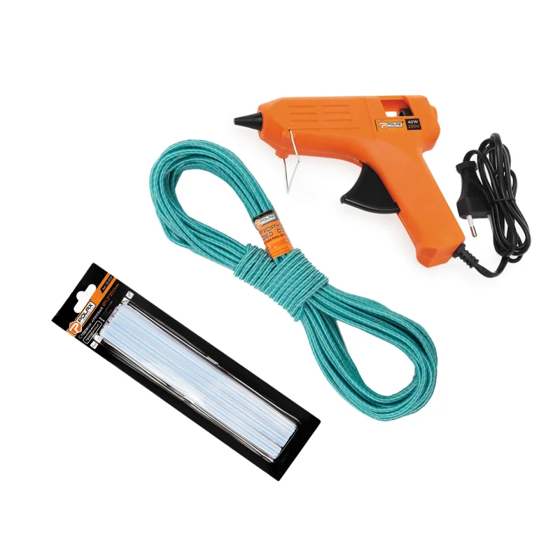 Набор Polax клеевой пистолет 40W стержни 6 шт. шнур полипропиленовый плетеный 20 м (337-008)
