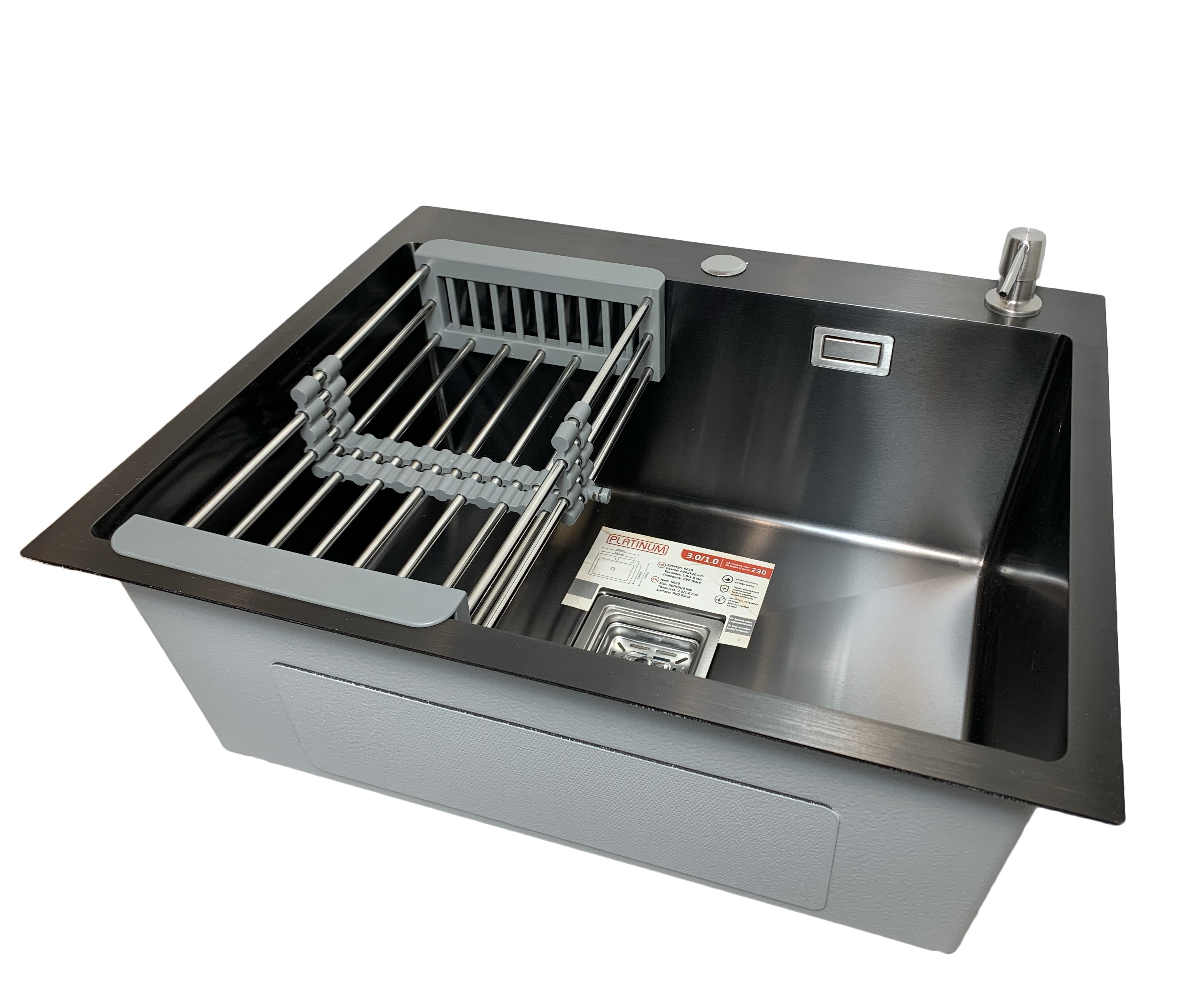 Мойка для кухни Platinum Handmade 58x43 с PVD поверхностью + корзина/дозатор/сифон Черный (3005bbc6)