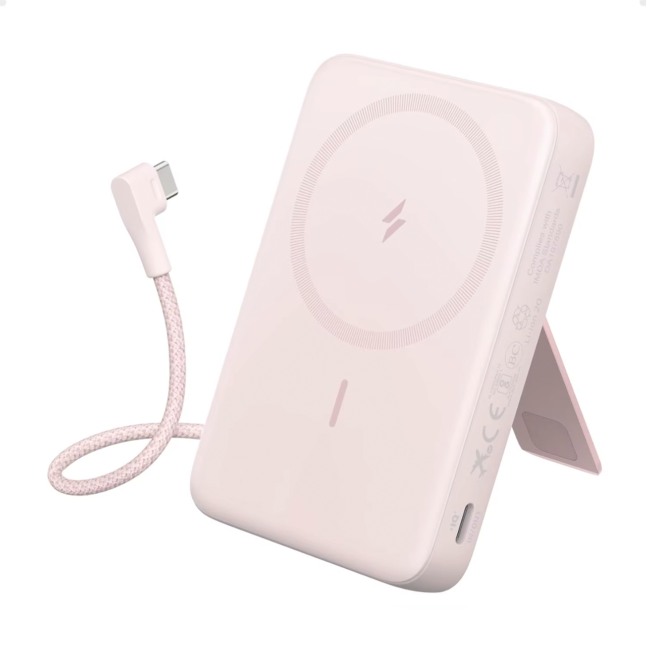 Повербанк магнитный беспроводной Anker Zolo 10000 mAh 30 W со встроенным кабелем Type-C и подставкой A1685 Pink (110604430) Повербанк магнитный беспроводной Anker Zolo 10000 mAh 30 W со встроенным кабелем Type-C и подставкой A1685 Pink (110604430)