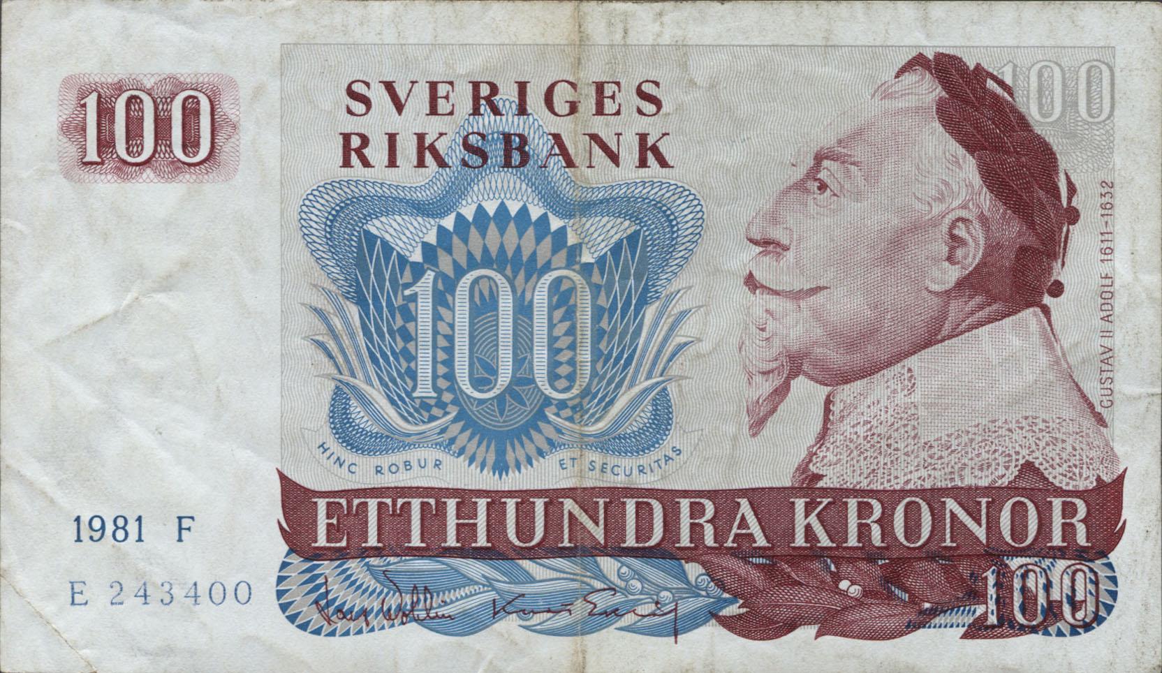 Коллекционная банкнота Швеция 1981 100 крон P54c F Коллекционная банкнота Швеция 1981 100 крон P54c F