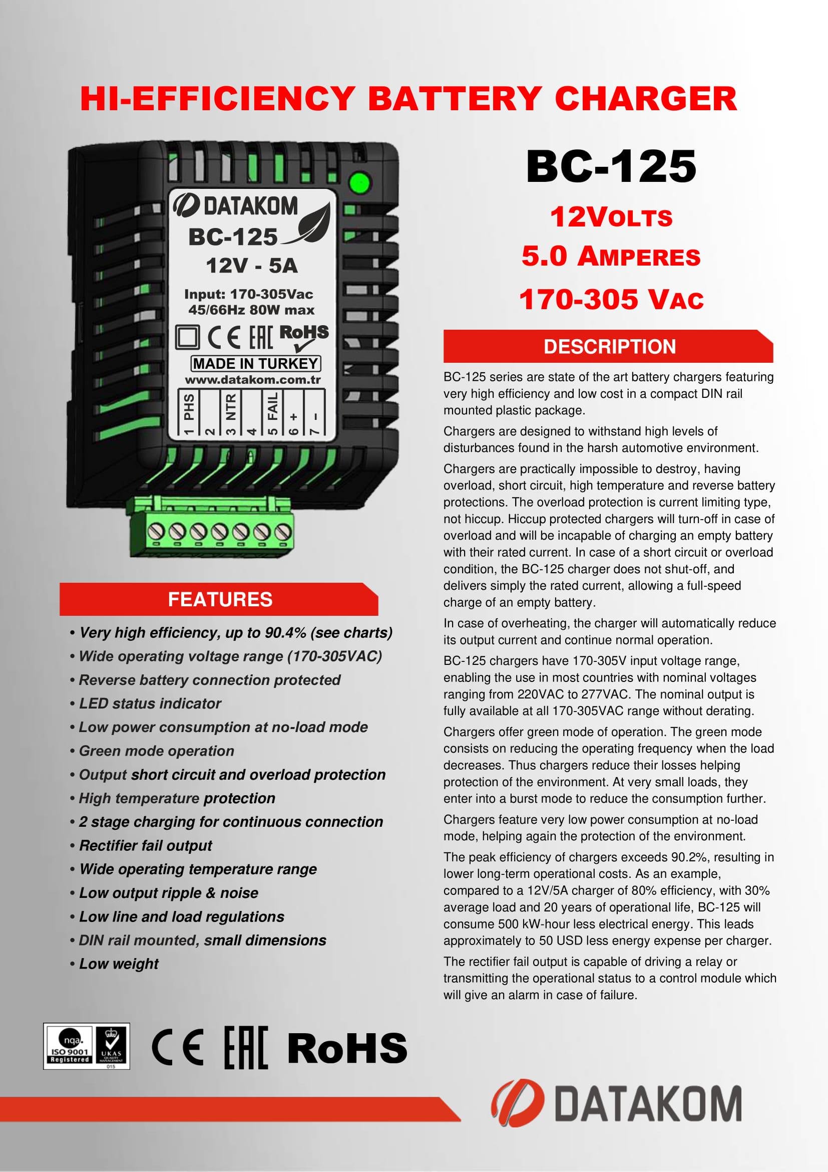 Зарядний пристрій акумулятора DATAKOM BC-125 12 В 5А DIN rail - фото 2