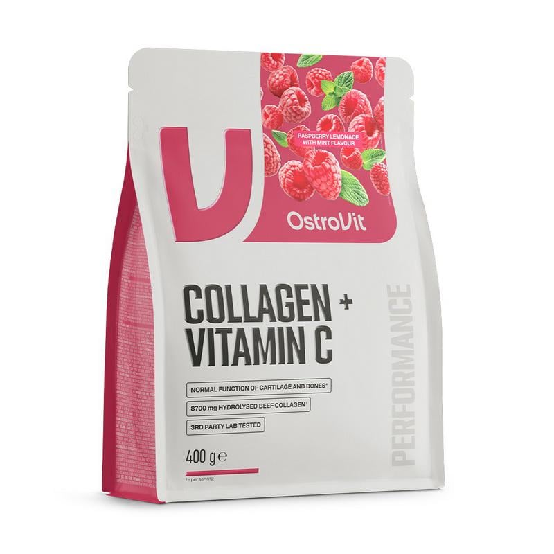 Колаген яловичий гідролізований з вітаміном C 500 мг OstroVit Collagen + Vitamin C 400 г Малиновий лимонад з м'ятою