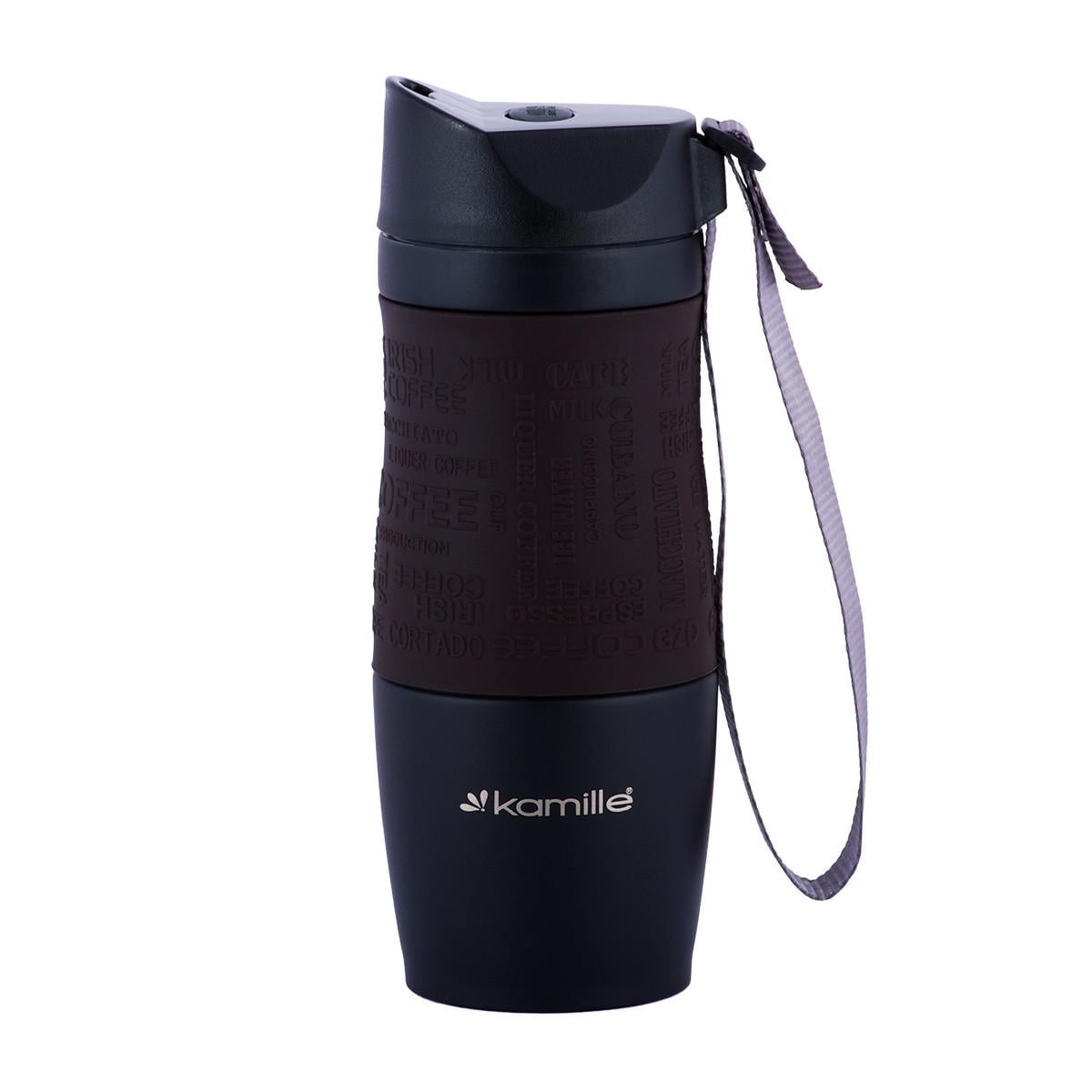 Термокружка с ремешком Kamille KM-2052А из нержавеющей стали с TPR-накладкой 380 мл Черный (150-84-2052А.2)