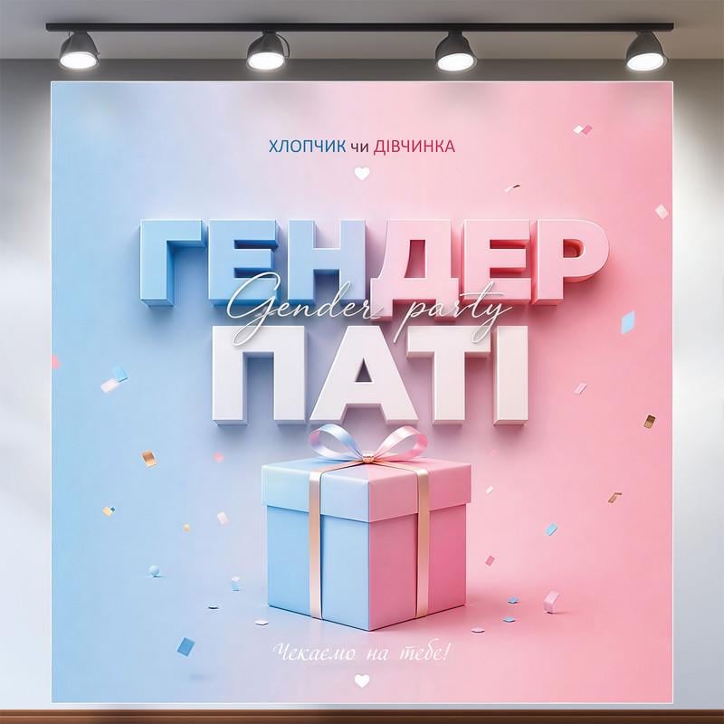 Баннер на Гендер пати с объемной надписью и голубо-розовым подарком 120x120см, №48550