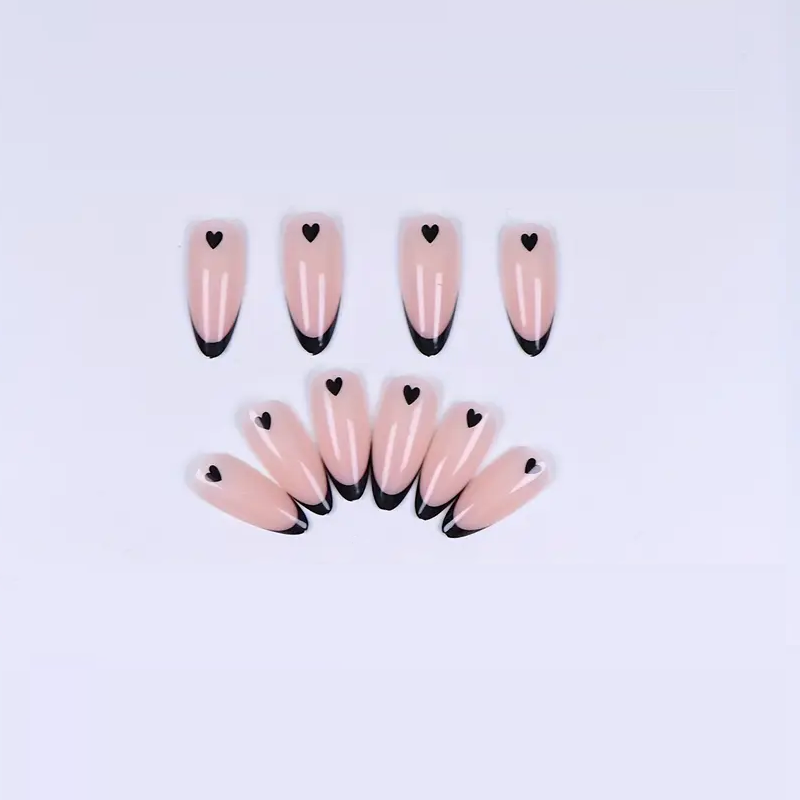 Нігті накладні френч Сердечки мигдаль середньої довжини з клейовими стіками 24 шт. Чорний (3000003699) - фото 6