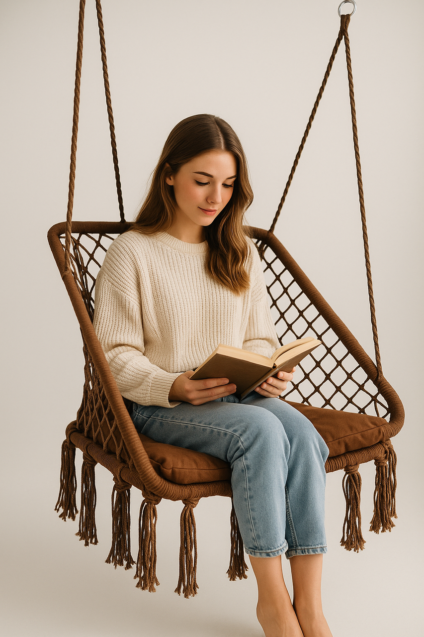 Кресло-качели подвесные WCG Плетеная квадратная с мягкой подушкой Коричневый (2689017149) - фото 4