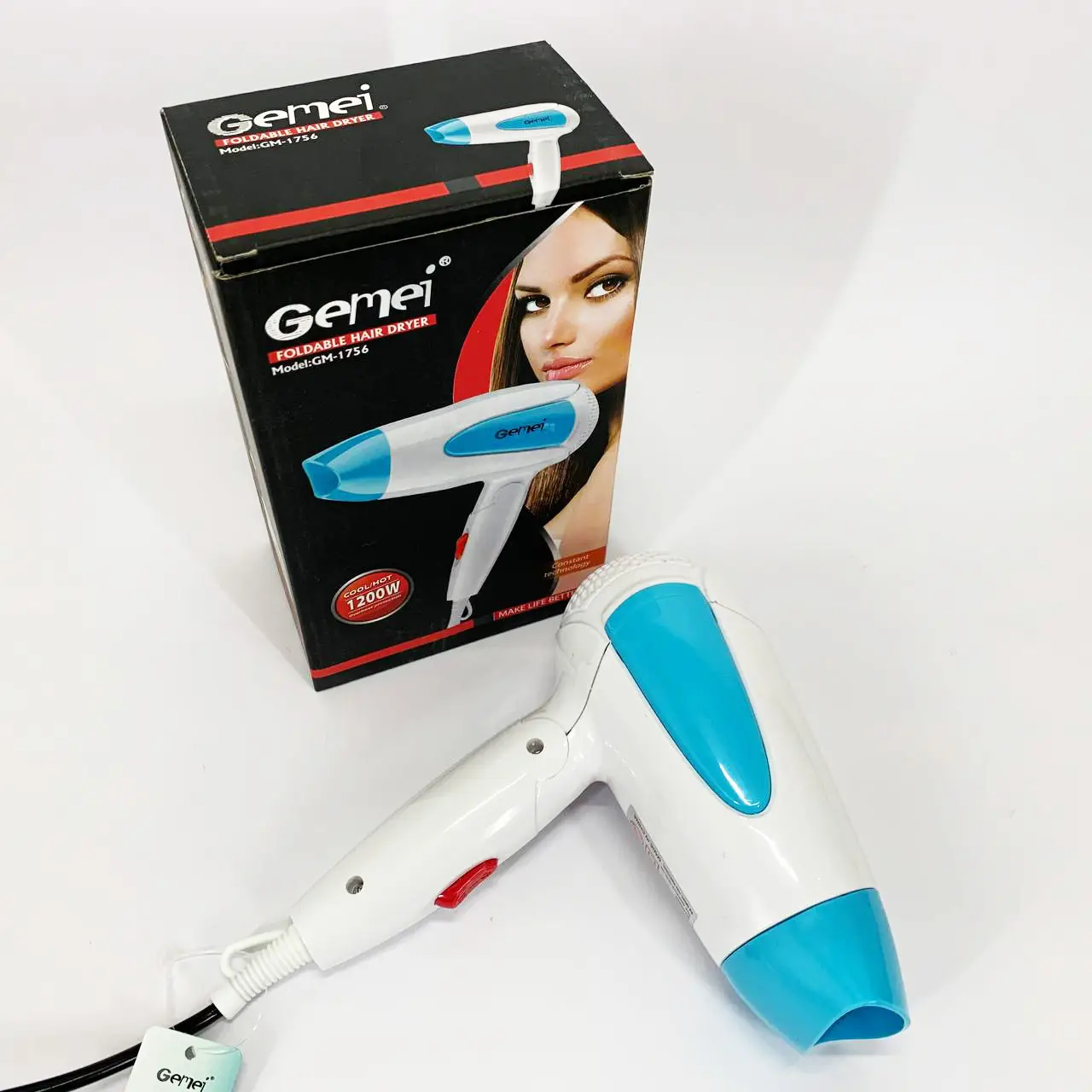 Фен дорожный Gemei GM-1756 1200 Вт складной с концентратором Голубой (ML-05272) - фото 2