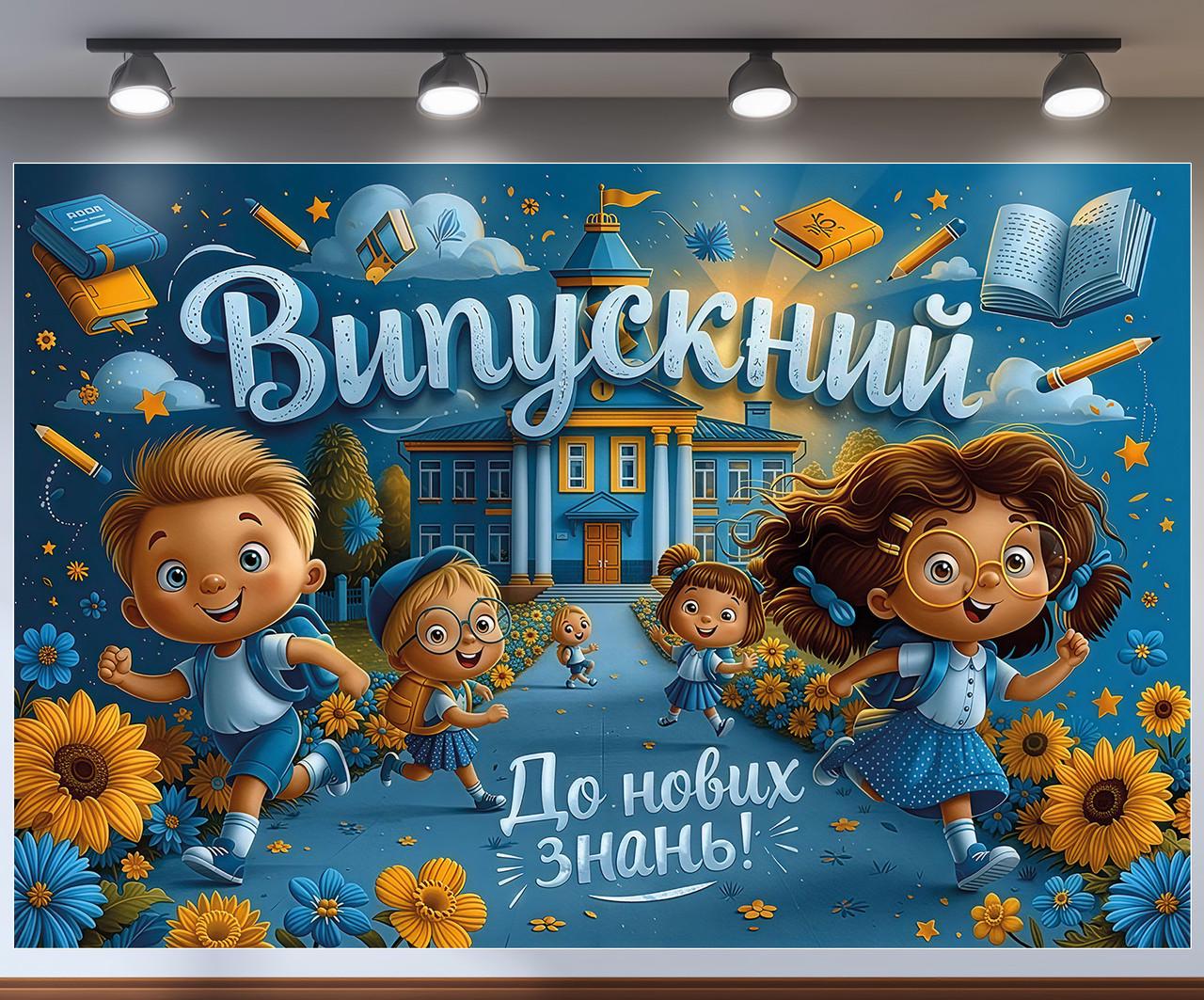 Баннер для фотозоны "Випускний для нових знань" дети возле школы подсолнухи и книги в небе 240x160 см Баннер для фотозоны "Випускний для нових знань" дети возле школы подсолнухи и книги в небе 240x160 см